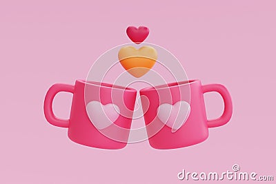3d Pink mugs with heart-shape balloons isolated. Element decor for Valentine's Day, Mother's Day or birthday. 3d Stock Photo