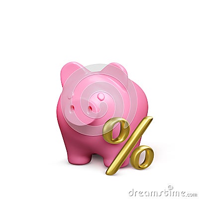 3D pink piggy bank with gold percent symbol. Bank deposit or savings strategy concept. Business and finance success Vector Illustration