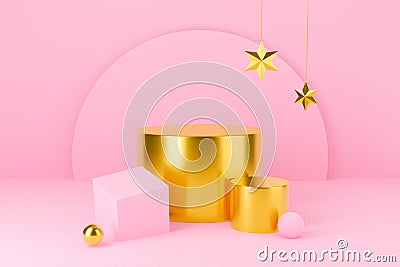 3d pink podium or pedestal for display product. Golden star Christmas and New Year on pastel background abstract. 3d rendering for Stock Photo