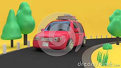 Pink-red car eco-family car style with object on country road and many tree nature,travel holiday concept 3d rendering cartoon Stock Photo