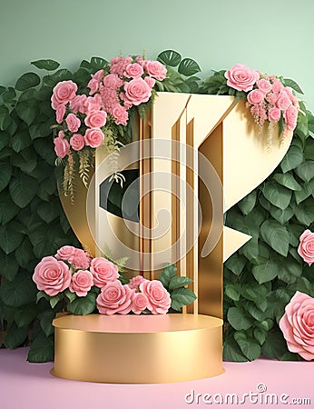 3D Pink Roses on the backgroundGold Podium Display for product presentation and green leaves wall. Cartoon Illustration