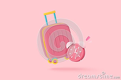 3d pink suitcases, luggage bag, cabin baggage and alarm clock. Business wait time to travel with cartoon concept, vacation Vector Illustration