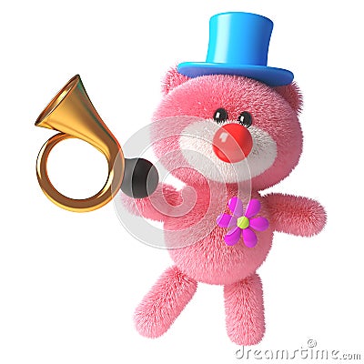 3d pink teddy bear with soft fluffy fur dressed as a clown with a red nose and old car horn, 3d illustration Cartoon Illustration