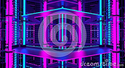 3d pink violet blue neon abstract background. Night club interior. Ultraviolet podium decoration empty room. Glowing lights. Stock Photo