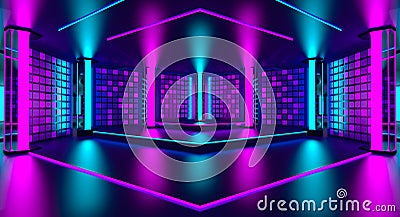 3d pink violet blue neon abstract background. Ultraviolet podium decoration empty room. Night club interior. Render Stock Photo
