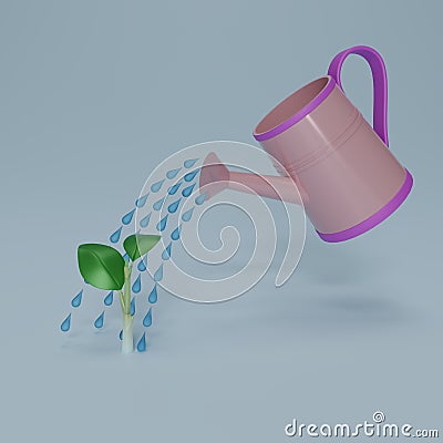 3d pink watering can isolate on blue background. Gardening tools. Sprouts are watered from a watering can. Seedlings are watered Cartoon Illustration