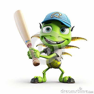 3d Pixar Cricket Character With Bat - High Quality Animated Green Cricket Stock Photo