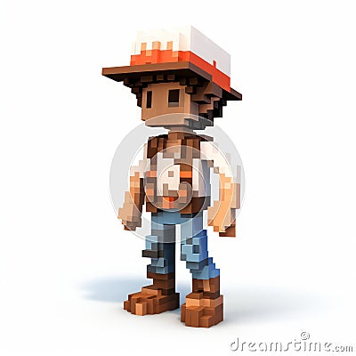 3d Pixel Cartoon Of Minecraft Character With Rustic Americana Hat Stock Photo