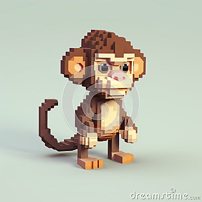 Tiny Monkey Pixel Art Render: 3d 8 Bit Cartoon In Voxel Style Stock Photo