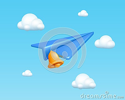 3D plane. Airplane telegram flying in clouds. Paper aviation in sky. Air transport. Notification bell. Aircraft flight Vector Illustration