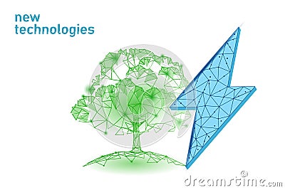 3D plant green lightning saving energy ecology concept. Polygonal light blue sprout eco electricity green energy power Vector Illustration