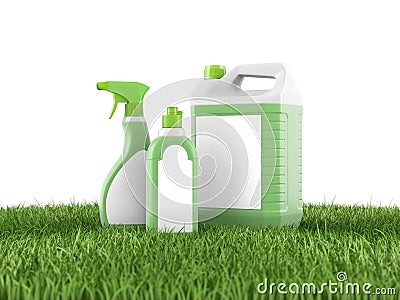 3d plastic cans with labels on green grass Stock Photo