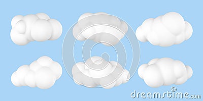 3d plastic clouds. Set of round cartoon fluffy clouds isolated on a blue background. Vector illustration Vector Illustration