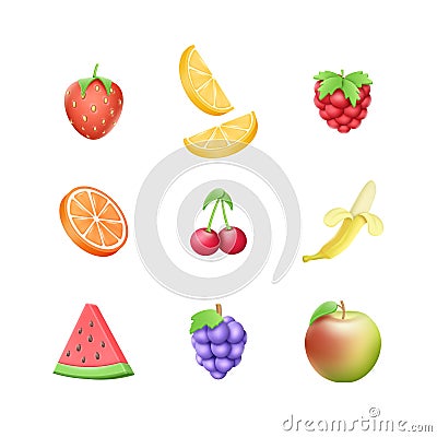 3d plasticine fruits, clay food set. Minimal nutrition nature, orange, strawberry, watermelon and banana. Strawberry Vector Illustration