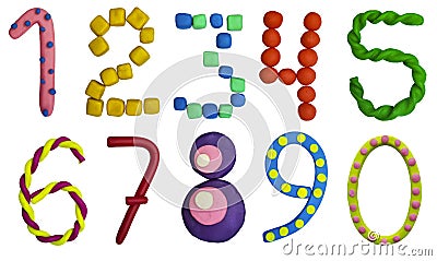 3d plasticine sculpture, colored numbers. cute math numbers for kids, colorful and funny. set on white background Stock Photo