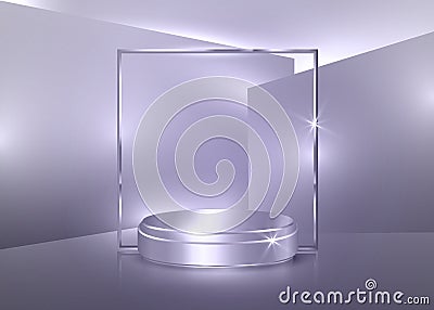 3d platform studio minimal scene with silver platform, soft purple background vector 3d luxury podium. Shiny blank pedestal Vector Illustration