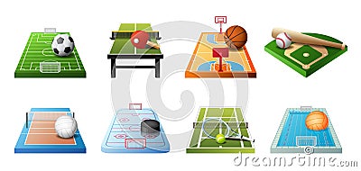 3d playgrounds for different kinds of sports icon set isolated on white background, soccer, table tennis, basketball Vector Illustration