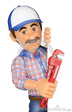 3D Plumber with a pipe wrench pointing aside. Blank space Stock Photo