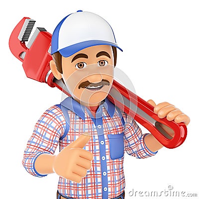 3D Plumber with a pipe wrench Stock Photo