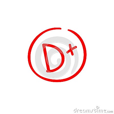 D plus examination result grade red latter mark. Vector Illustration