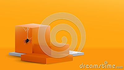 3d Podium in abstract orange and white composition with Spider and cobweb in halloween theme design. Vector illustration Vector Illustration