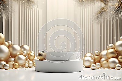 3D podium with Christmas decoration and golden crystal ball Stock Photo
