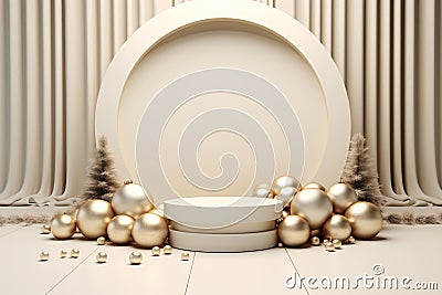 3D podium with Christmas decoration and golden crystal ball Stock Photo