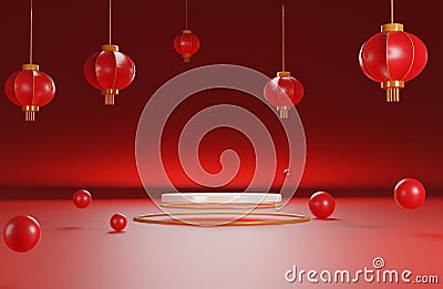 3D podium and golden ring design for chinese new year background decorate with red china fans in red theam Mockup for product Stock Photo