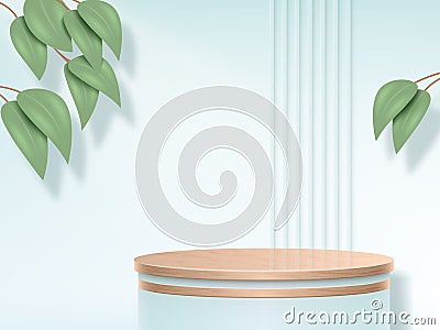 3d podium for nature cosmetic product. Wood display stand on clean white botanical scene, minimal beauty stage. Showcase Vector Illustration