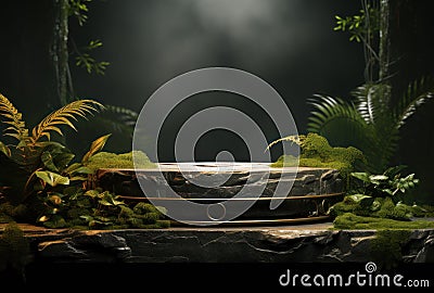 3D podium, stone display set. Jungle, palm leaf Generative AI Stock Photo