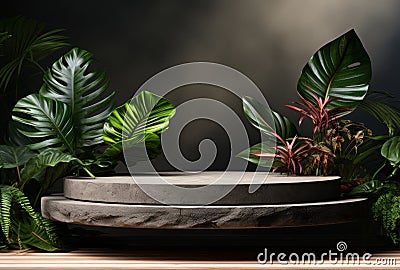 3D podium, stone display set. Jungle, palm leaf Generative AI Stock Photo