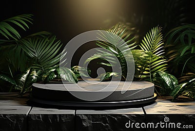 3D podium, stone display set. Jungle, palm leaf Generative AI Stock Photo