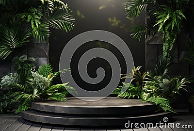 3D podium, stone display set. Jungle, palm leaf Generative AI Stock Photo