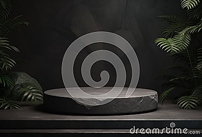 3D podium, stone display set. Jungle, palm leaf Generative AI Stock Photo