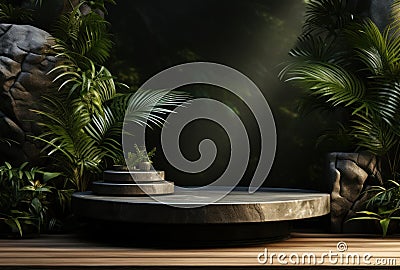 3D podium, stone display set. Jungle, palm leaf Generative AI Stock Photo