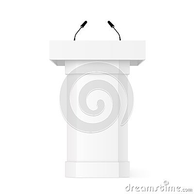 3D Podium tribune with microphones. Realistic vector mockup with shadow. Rostrum stand. White debate podium. Pupitre discours. Vector Illustration