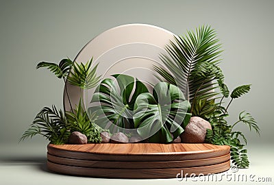 3D podium wood display white background with green monstera palm leaf Generative AI Stock Photo