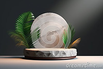 3D podium wood display white background with green monstera palm leaf Generative AI Stock Photo