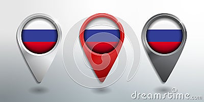 3D Pointer, Tag and Location Marker with Round Flag Nation of Russia White, Red and Grey Glossy Model Vector Illustration