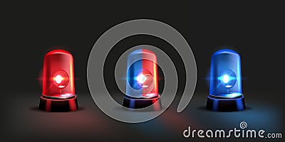 3D police lights. Attention siren. Beacon for alert or accident. Red and blue ambulance lamps. Car traffic. Urgency Vector Illustration