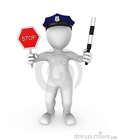 3d police officer shows red stop sign. Cartoon Illustration