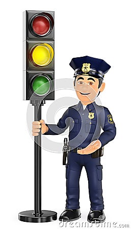 3D Police with a traffic light in amber Cartoon Illustration