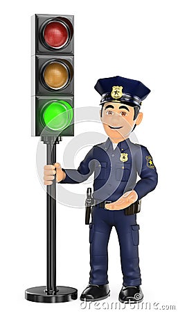 3D Police with a traffic light in green Cartoon Illustration