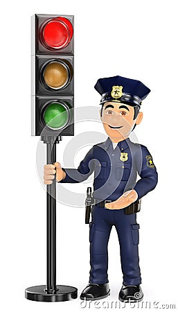 3D Police with a traffic light in red Cartoon Illustration