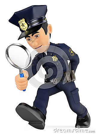 3D Policeman looking with a magnifying glass. Investigation. CSI Cartoon Illustration