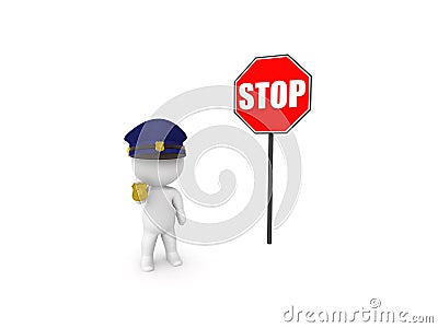 3D Policeman next to red stop sign Stock Photo