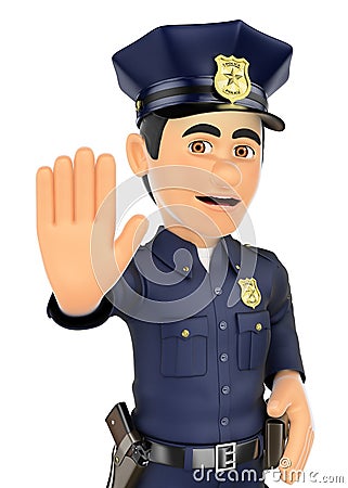 3D Policeman ordered to stop with hand Cartoon Illustration