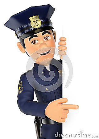3D Policeman pointing aside. Blank space Cartoon Illustration