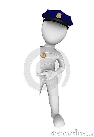 3d policeman pointing finger to empty board. 3d illustration. Stock Photo