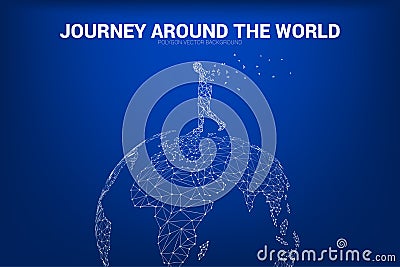 Man walk on 3D world map Globe wireframe polygon dot connect line: concept of travel , world connection Stock Photo